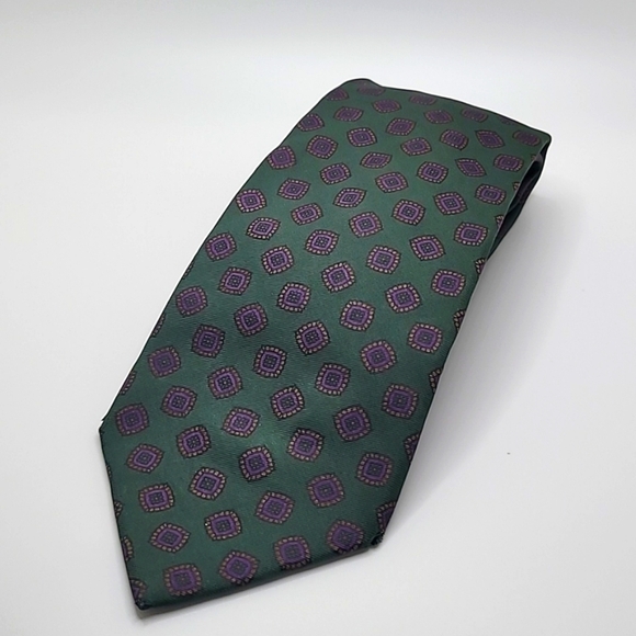 Saville Row 100% Silk Green Purple Geometric Men's Tie - Picture 1 of 3